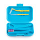 Orthodontic care set for braces with a tongue scraper, blue